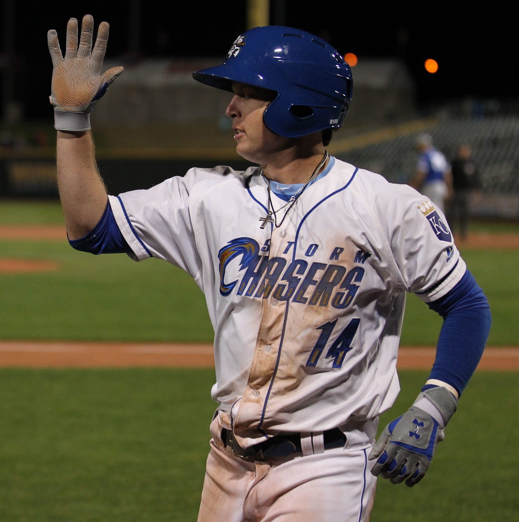 Brett Phillips with the Omaha Storm Chasers, April 2019. Not the 2020 World Series Game 4 play.