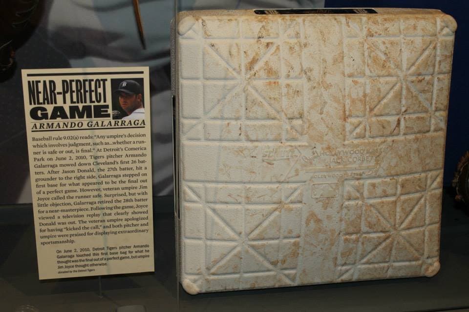 The first base from the June 2, 2010 game, on display. This is the base from the play, not a photograph of the call.