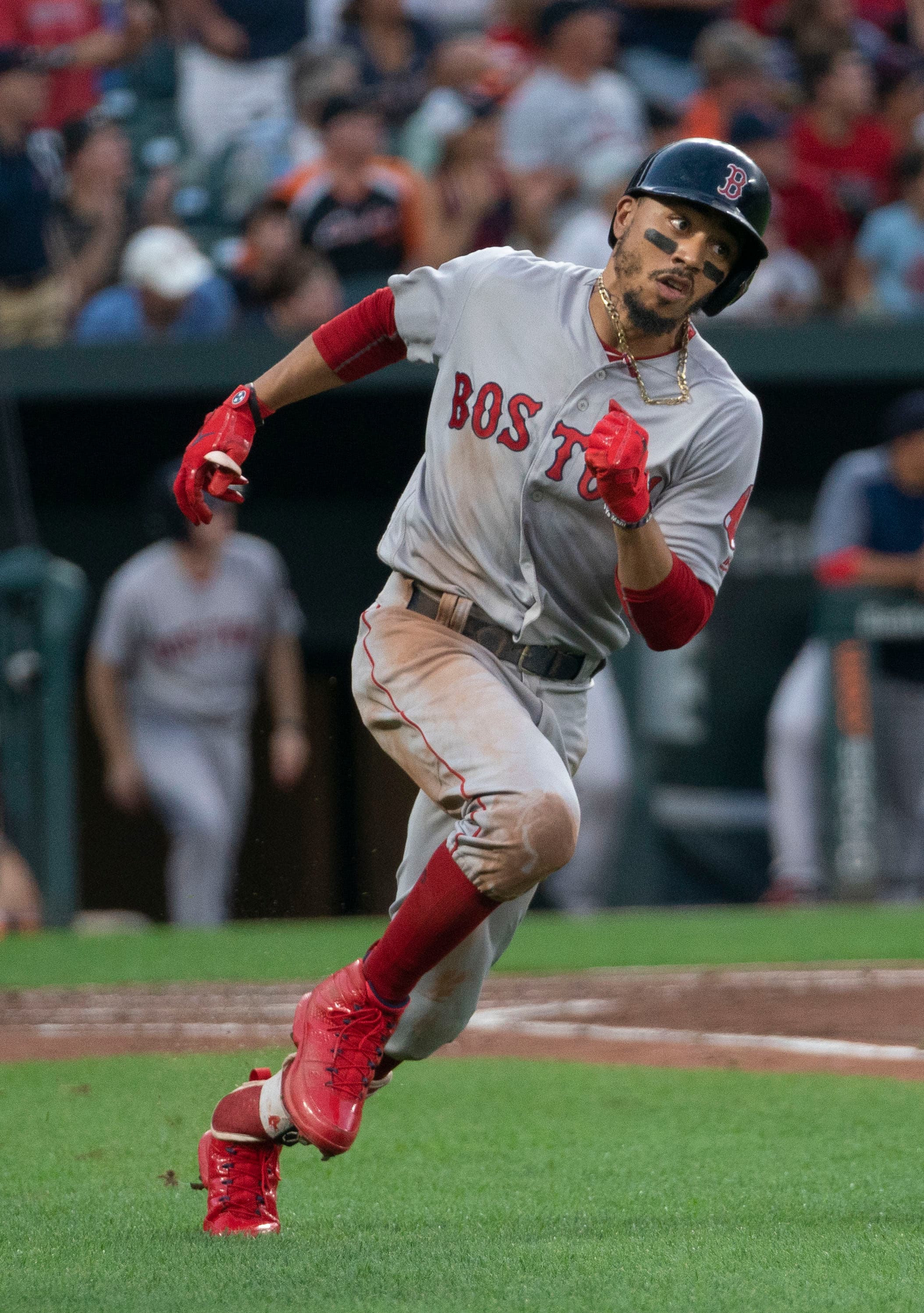 Mookie Betts with the Red Sox on August 10, 2018. The photograph is a season and a half before Boston traded him.