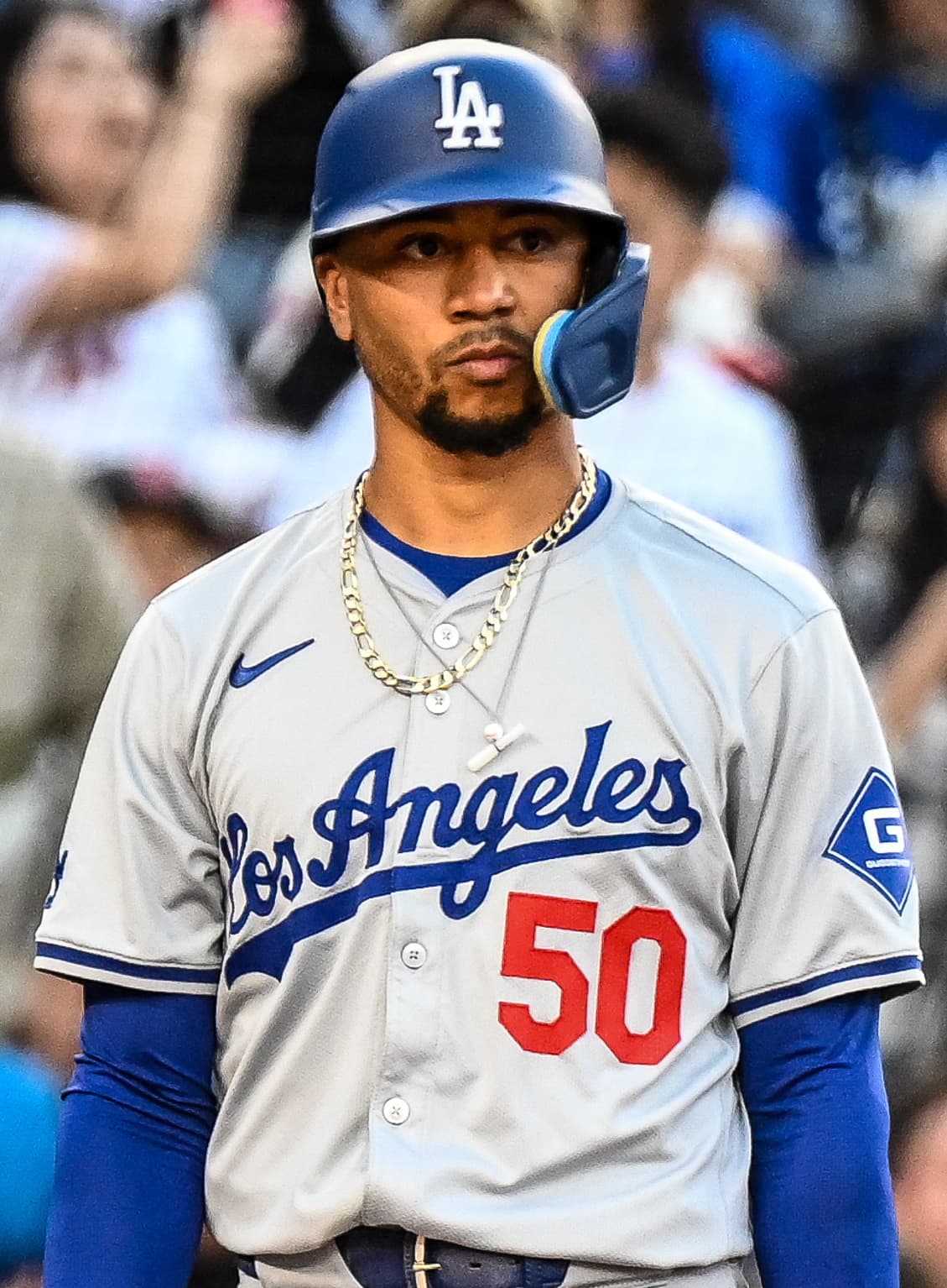 Mookie Betts with the Dodgers at Nationals Park, April 2024. Not the World Series fan-interference play.